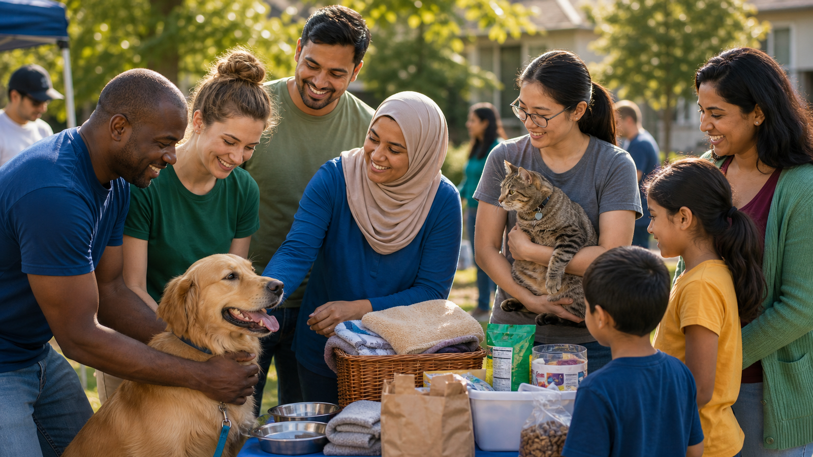 Diverse community members caring for animals and the wider local community
